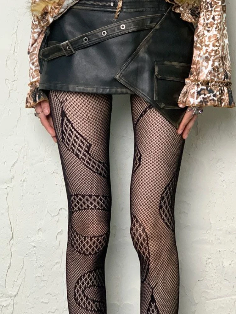 

Sexy Snake Print Cutout Black Fishnet Pantyhose Summer Y2K Harajuku Subculture JK Lolita Niche Gothic Dark Mesh Tights Female