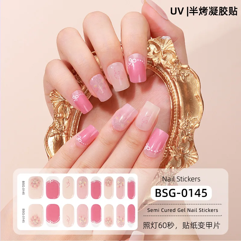 16 Tips Internet Celebrity Semi-cured Gel Nail Stickers 3D Gold Stamping Phototherapy Nail Enamel Adhesive  Nail Art Stickers