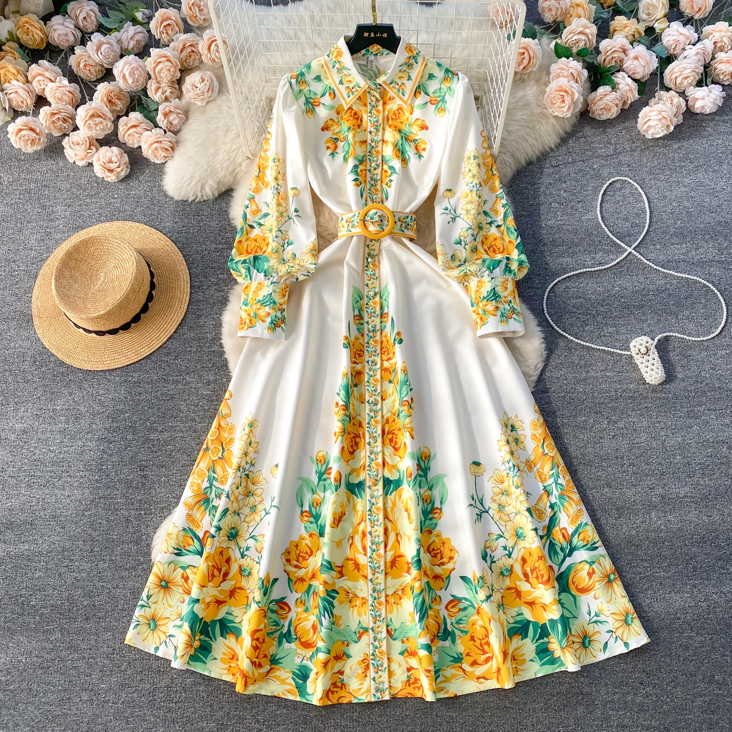 French Vintage Lapel Print Lantern Long Sleeves Single Breasted Dress Casual Women Fashion Autumn Dress