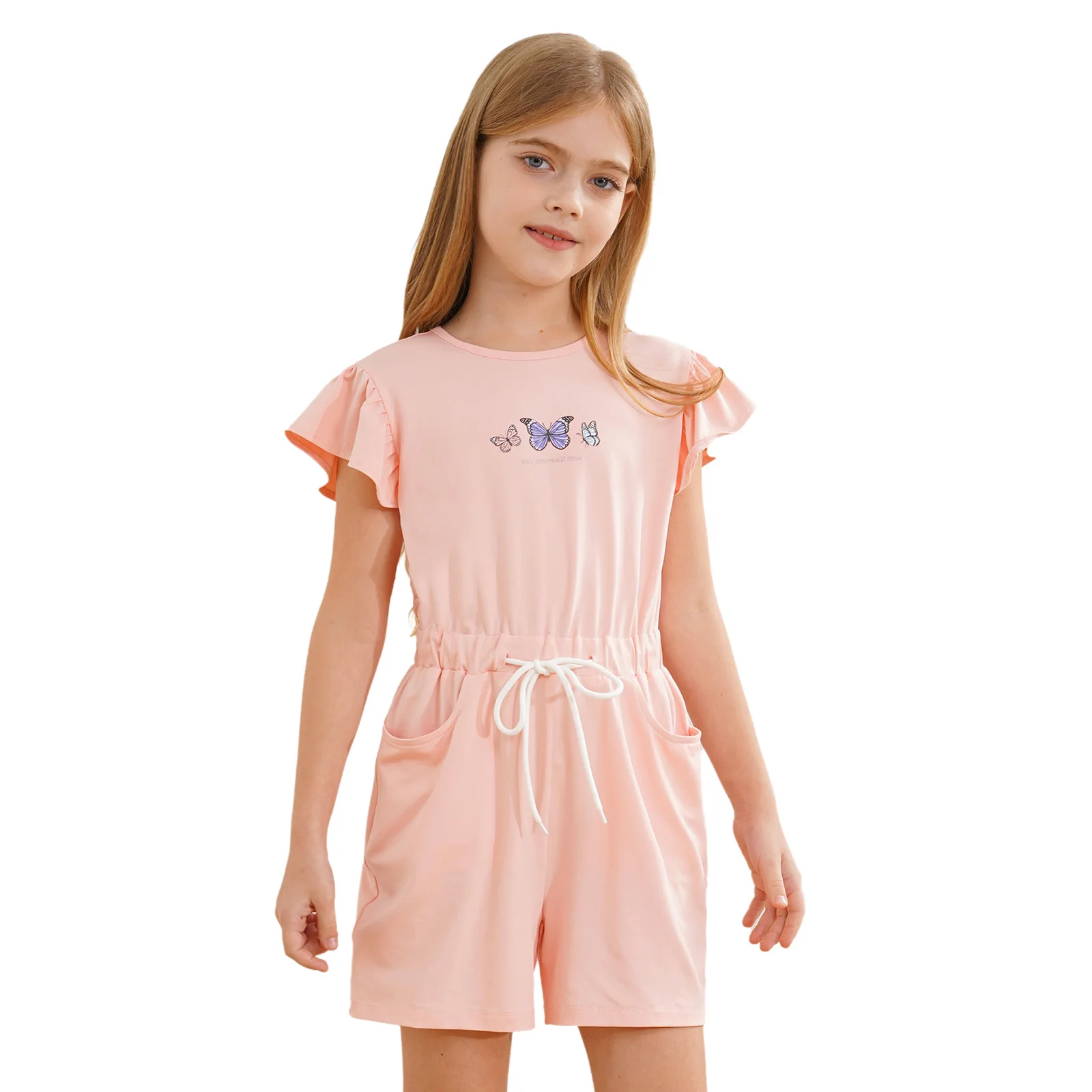 Kids Girls Clothes Summer Butterfly Print Jumpsuits Casual Round Neck Ruffled Sleeve Drawstring Elastic Waist Rompers Bodysuit
