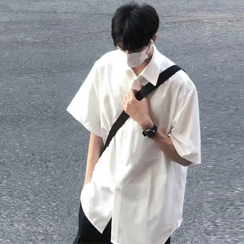 White Casual Shirt Men's Summer Thin Short Sleeve Loose Pure Color Youth Fashion Casual Collar Button up Shirt Jacket
