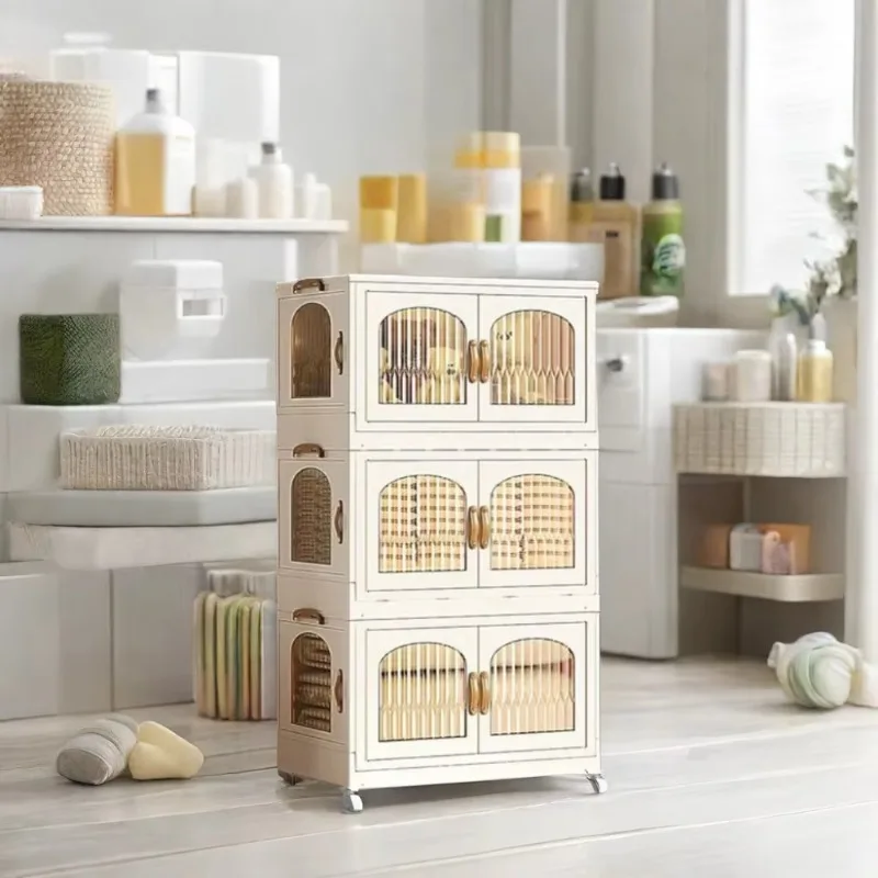 Stackable storage bins with foldable lids, wheels and doors for