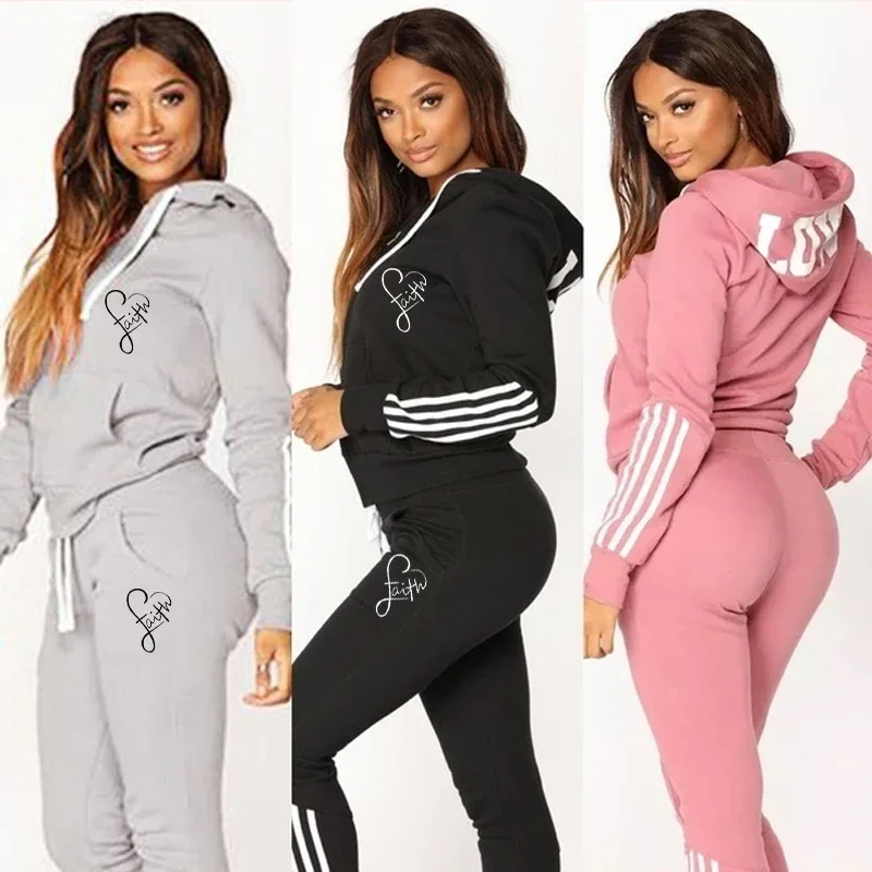 

Fashion Ladies Printed Hoodies Long Pants Two Pieces Set Autumn Winter Women Tracksuits Jogging Sports Wear Suit