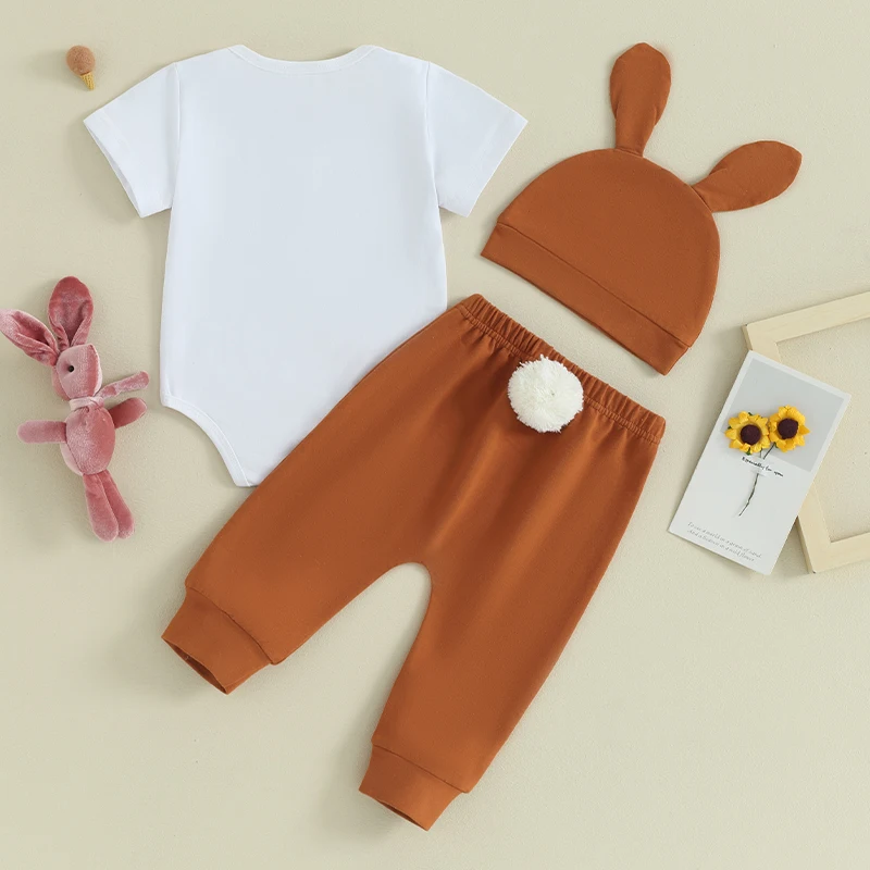 Baby Boy My First Easter Outfit Short Sleeve Bunny Letters Romper Long Pants with Pompoms Tail Hat 3Pcs Clothes Set