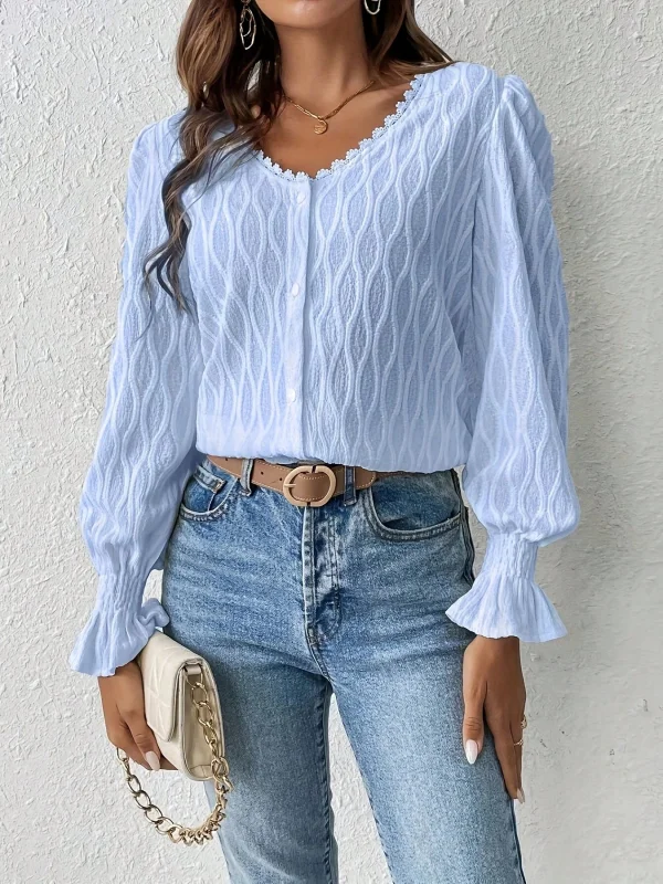 V Neck Button‑Front Blouse Women Puff Sleeve Ruffle Cuff Loose Commuter Shirt Top