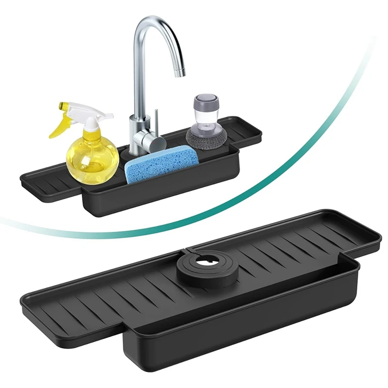 Splash Guard Silicone Faucet Splash Guard Upgraded Faucet Water Catcher Tray Sink Sponge Holder Black