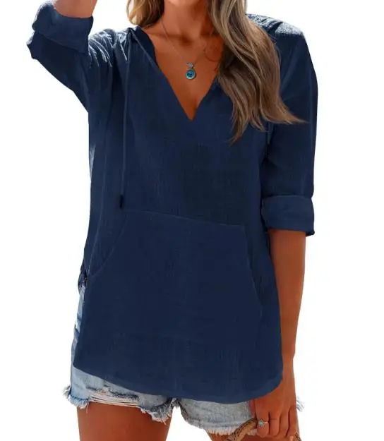Autumn Solid Color V-Neck Lace Up Pocket Long Sleeved Chiffon T-Shirt Women's Casual Loose Solid Color Hooded Chiffon Shirt Top