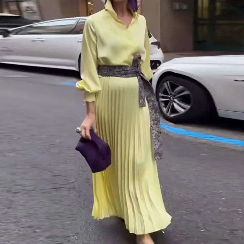 2025 herbst frauen Revers Lange Ärmeln Hemd Kleid Casual Lace Up Plissee Pendeln Kleid Elegante Einfarbig Lose Maxi kleider