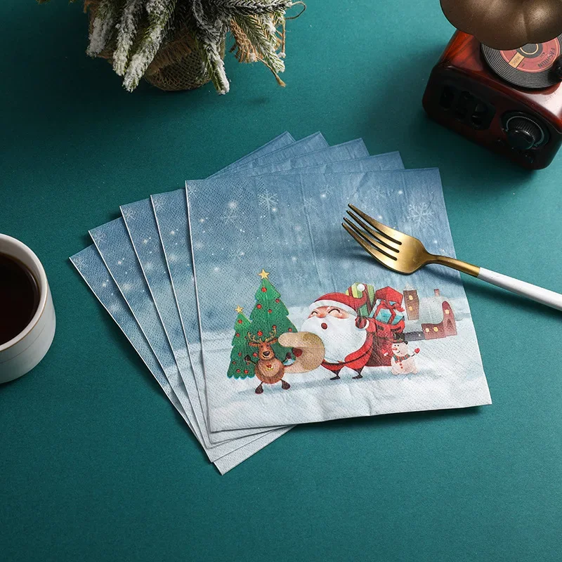 10/20p Christmas Party Decoration Paper Starry Snowflake Gift Printed Napkin Cartoon Christmas Elements Wine Glass Flower Paper