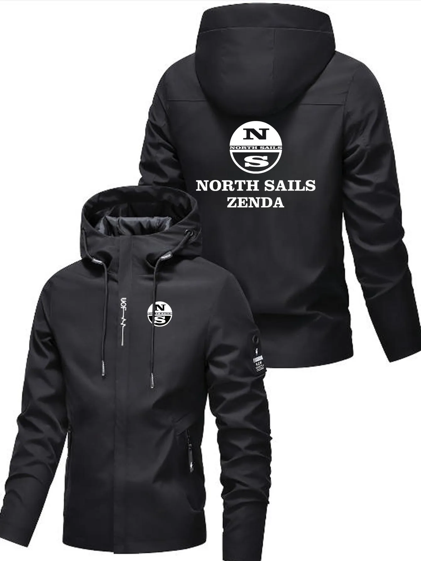 

Men'S Black Hooded Jacket with Print - Stylish Zip-Up Outerwear, Drawstring Hood, Pockets, and Casual Design for All-Season Wear