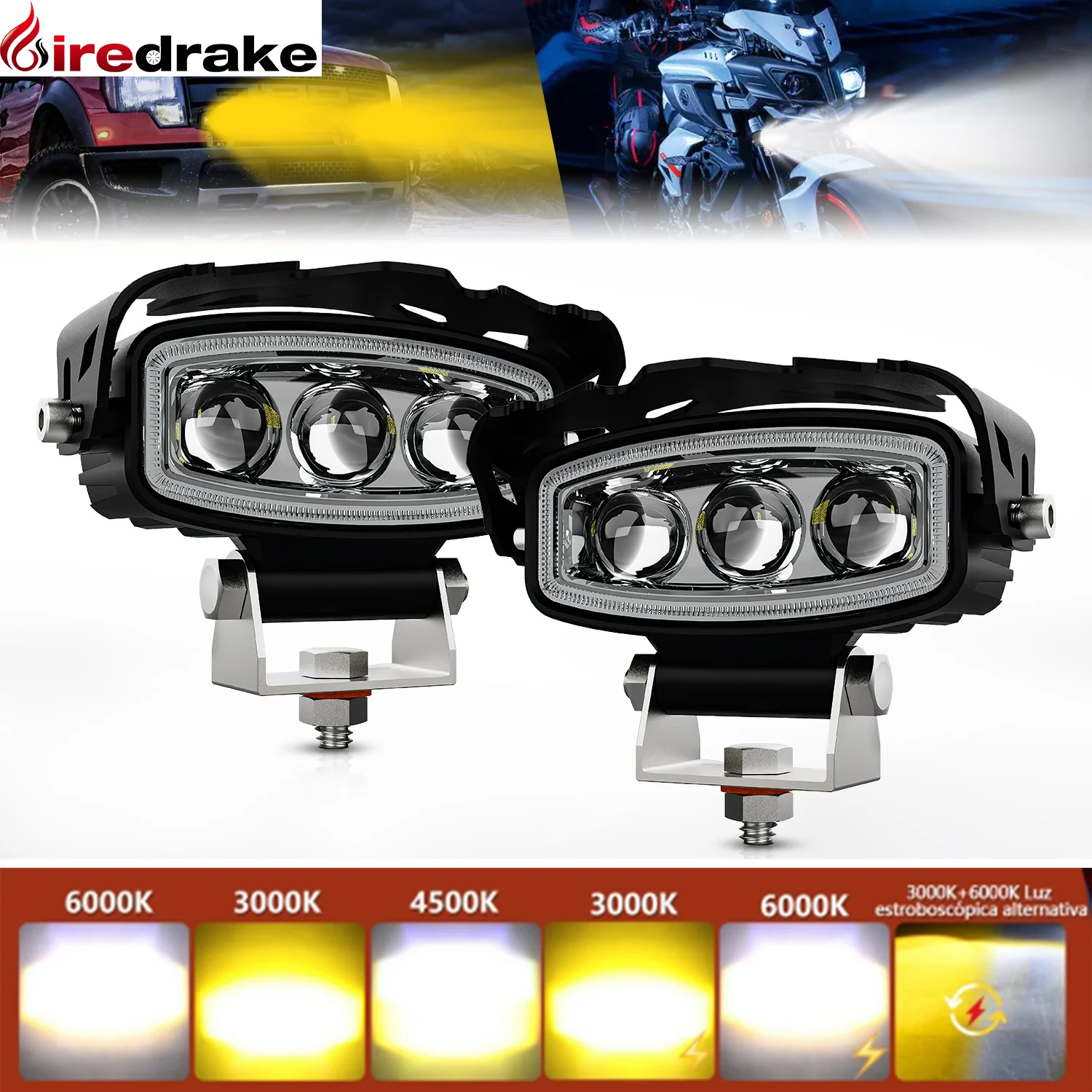 LED Motorcycle Spotlight 120W 12000LM Super Bright Demon 3-eye Spotlight 6000K/4500K/3500K for Trucks SUV 4x4 Spotlights 9-32V