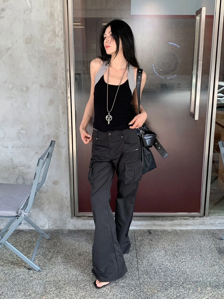 American Retro Cargo Workwear Pants Flared Hem Pants Women Y2k Multi Pocket Pants Wide Leg Casual Denim Trousers Streetwear 2025