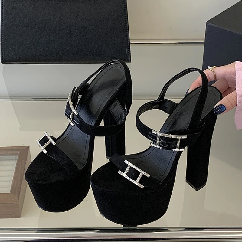 

Liyke Runway Fashion Buckle Strap Women Sexy 16CM Sandals Chunky Platform High Heels Party Club Stripper Pole Dance Shoes Black