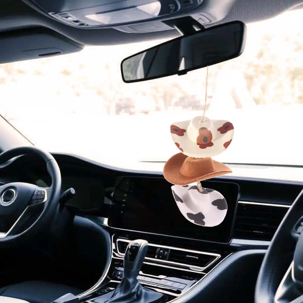 Mini cap Car Pendant Cute Hanging Ornament Rearview Mirror Pendant Interior Decoration Cow pattern Cowboy Hat Car Decoration