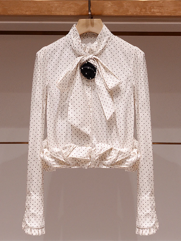 

Ele ort Casual irt Women's Spring 2025 Polka Dot Knot Top Comfortable Breathable Slim Fit Long Sve irt