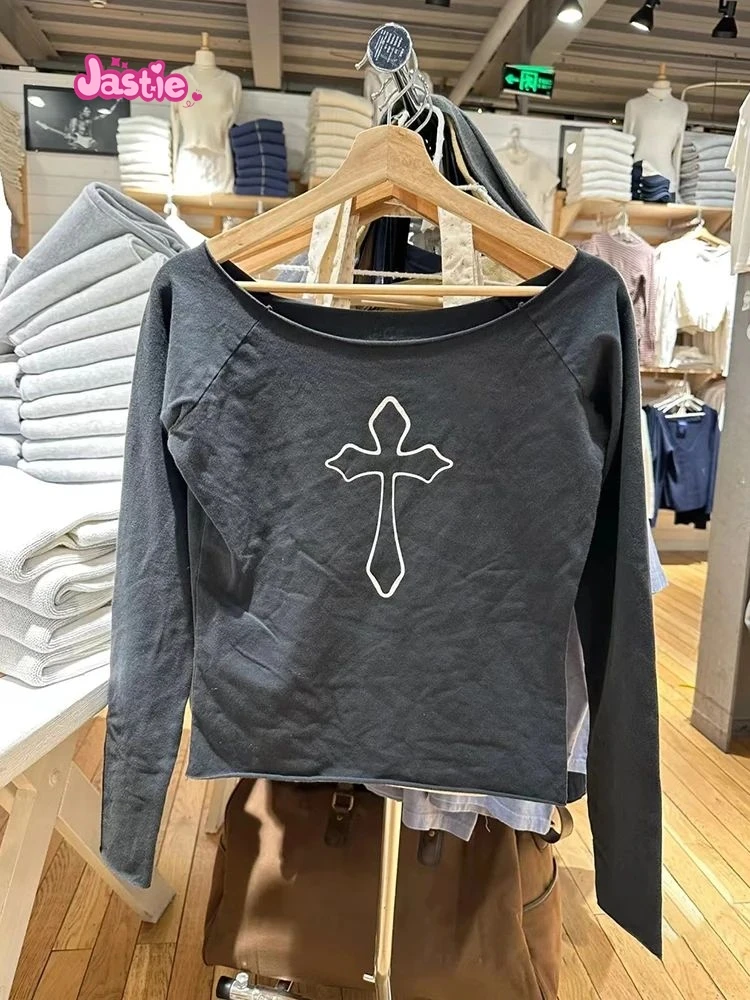

Black Cross Print Raw Trim Women's T Shirt Summer Sexy Slash Neck Cotton Long Sleeve Tees Vintage Streetwear Casual T-shirts Y2k