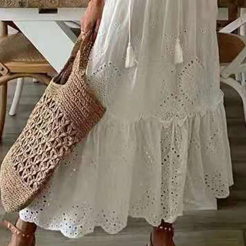 Lässiges, lockeres Boho-Damen-Sommer-langes Kleid, elegant, aushöhlen, V-Ausschnitt, weißes Strand-Sommerkleid, Vintage-Blumendruck, Maxikleider