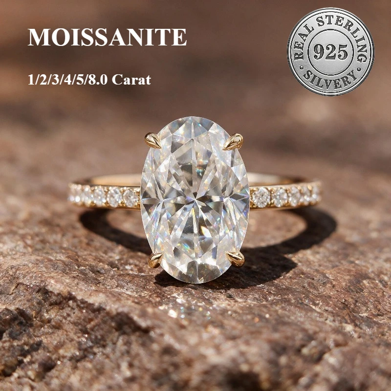1 /2/3/5/8ct colorless moissanite oval cut ring S925 silver D white moissanite 4 prong vvs1 ring eternal  band for RING  women