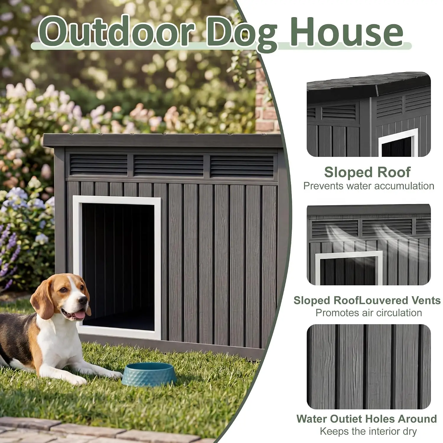Large Dog House Weatherproof Resin Outdoor Sloped Roof Ventilation Indoor Easy Assemble 42.87*32.95*31.61, Customized
