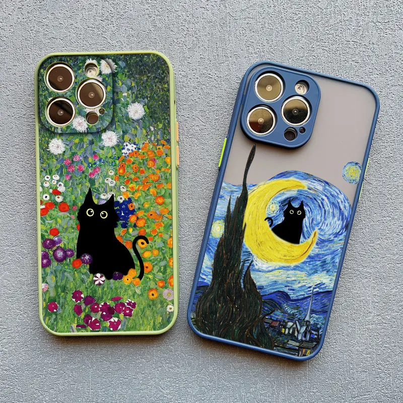 Retro Oil Painting Van-Gogh Flower Art Cat Etui na telefon do iPhone\'a 16 15 11 13 12 Mini 14 Pro Max 7 8 Plus SE2 X XS XR Wstrząsoodporne