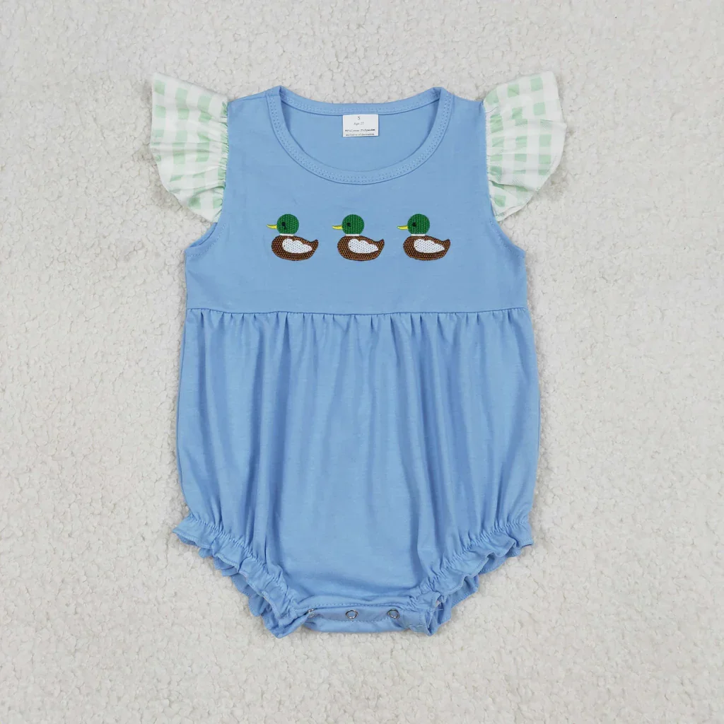 

High Quality Embroidery Mallard Ducks Sky Blue Baby Girls Romper