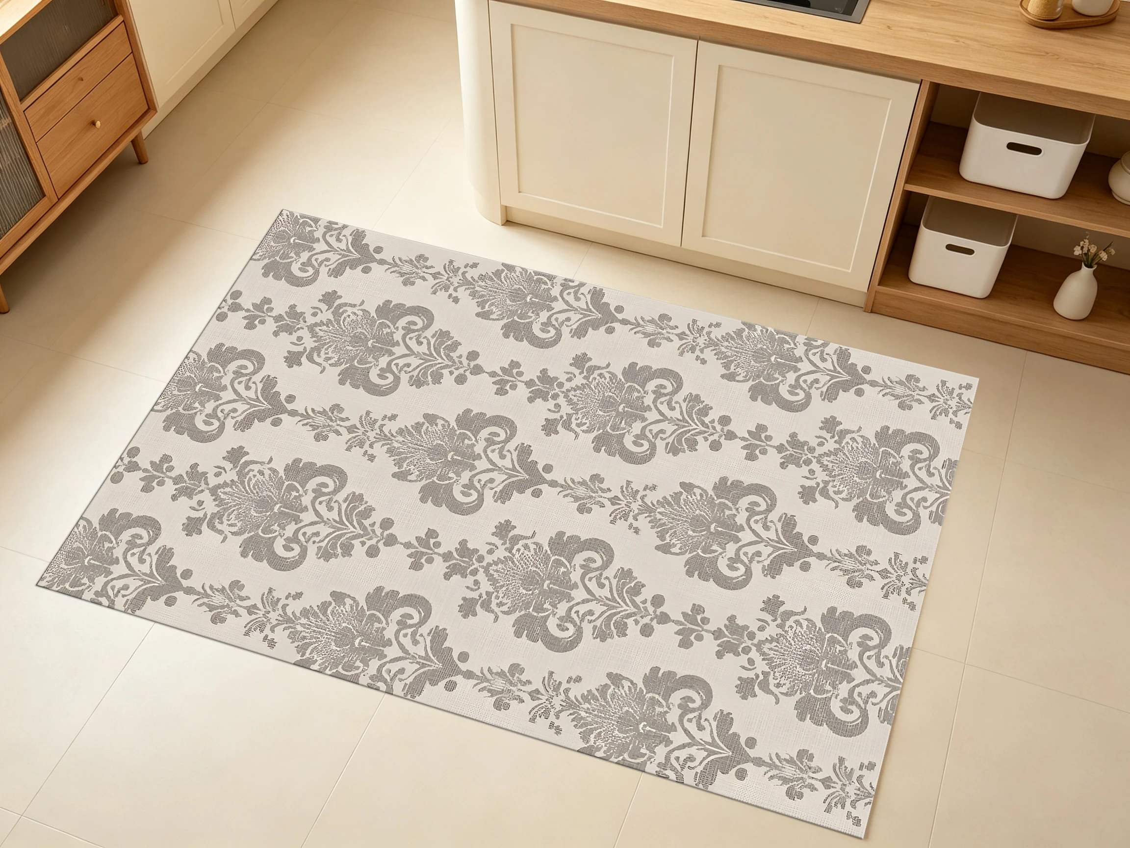2D Large Rug in Light Beige-Gray, European Retro Style, for Living Room & Bedroom, Enhancing the Space with a High-Quality Feel –