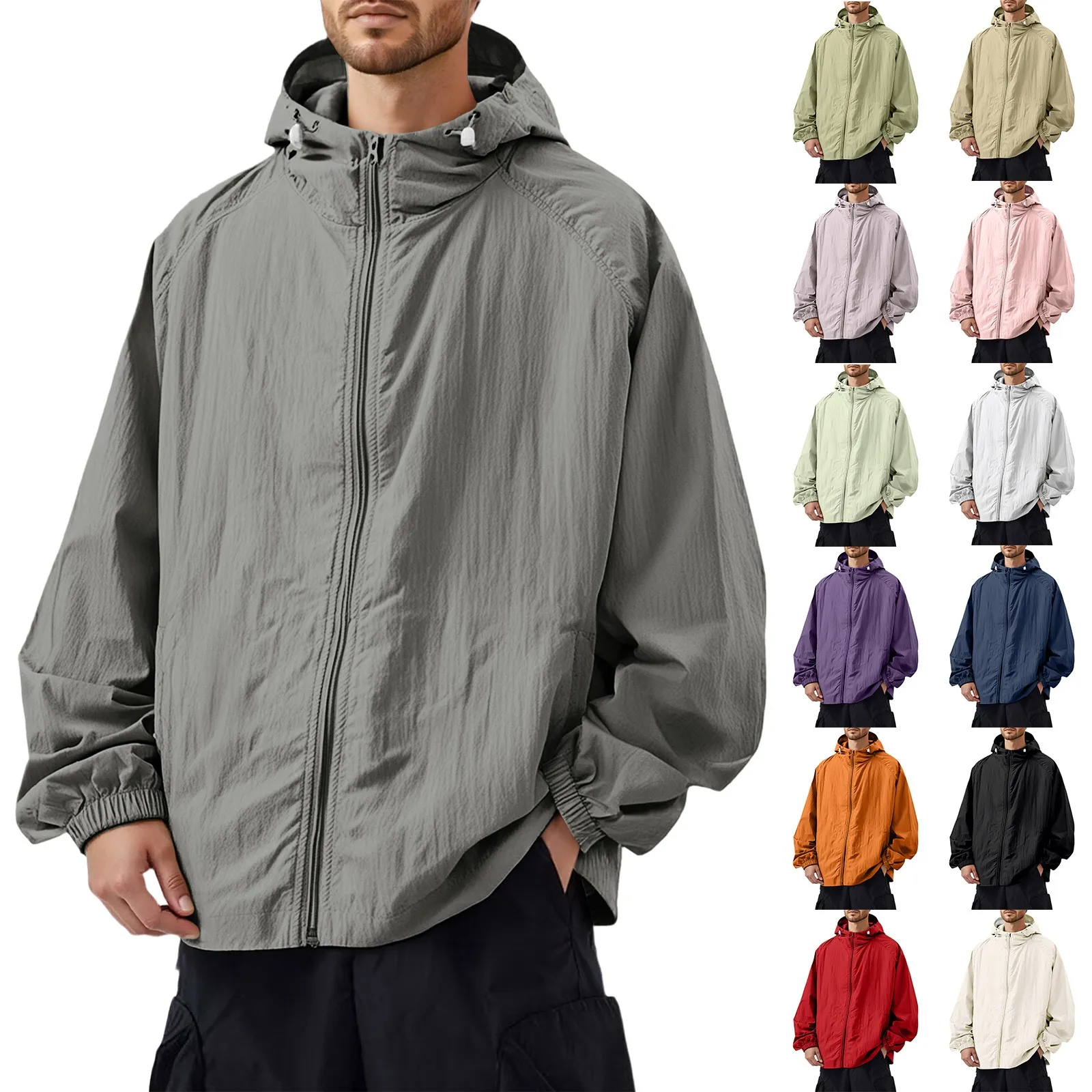 

Men's Thin Loose Jacket Solid Casual Long-sleeved Hooded Coat Quick-drying Outdoor Hiking Jacket Sports Sun-protective Clothing