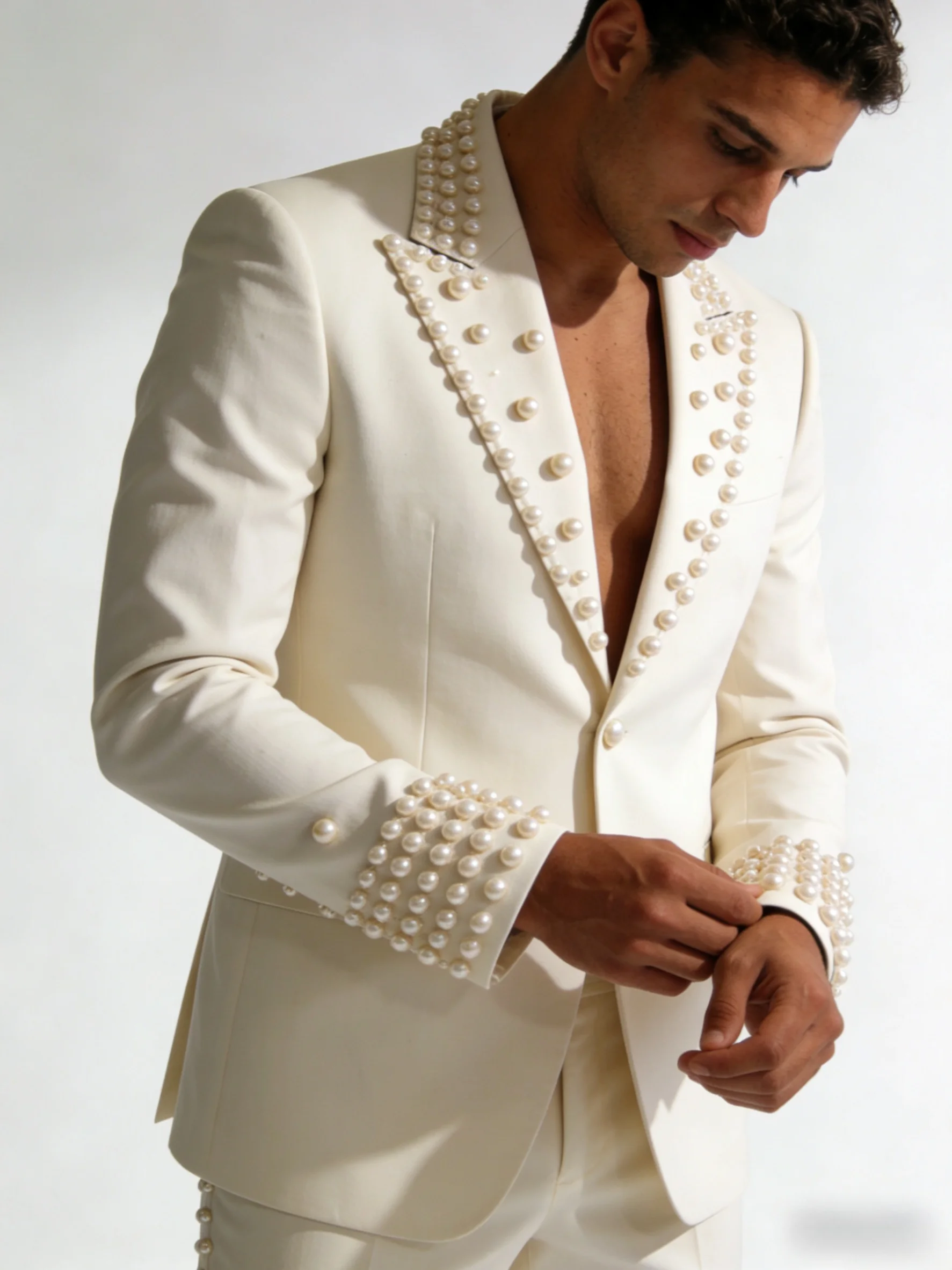 

Pearls White Men Suit Set 2 Pcs Blazer+Pants Trousers Cotton Spring Formal Office Coat Wedding Tuxedo Customized Jacket Outfit