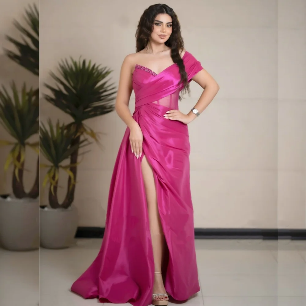 

Customized Charmeuse Pleat Glitter One-shoulder A-line Long Dresses Bespoke Occasion Charming Women's Evening Party Gown