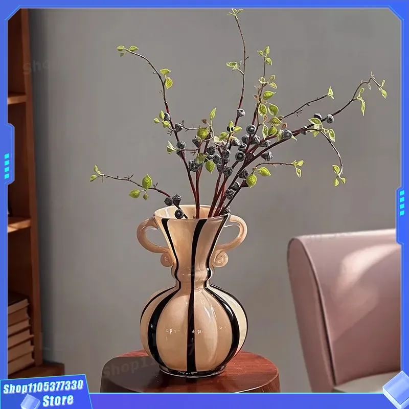 Retro Medieval French Glass Vase Striped Hydroponic Flower Arrangement Home Living Room Decor Light Luxury High Sense
