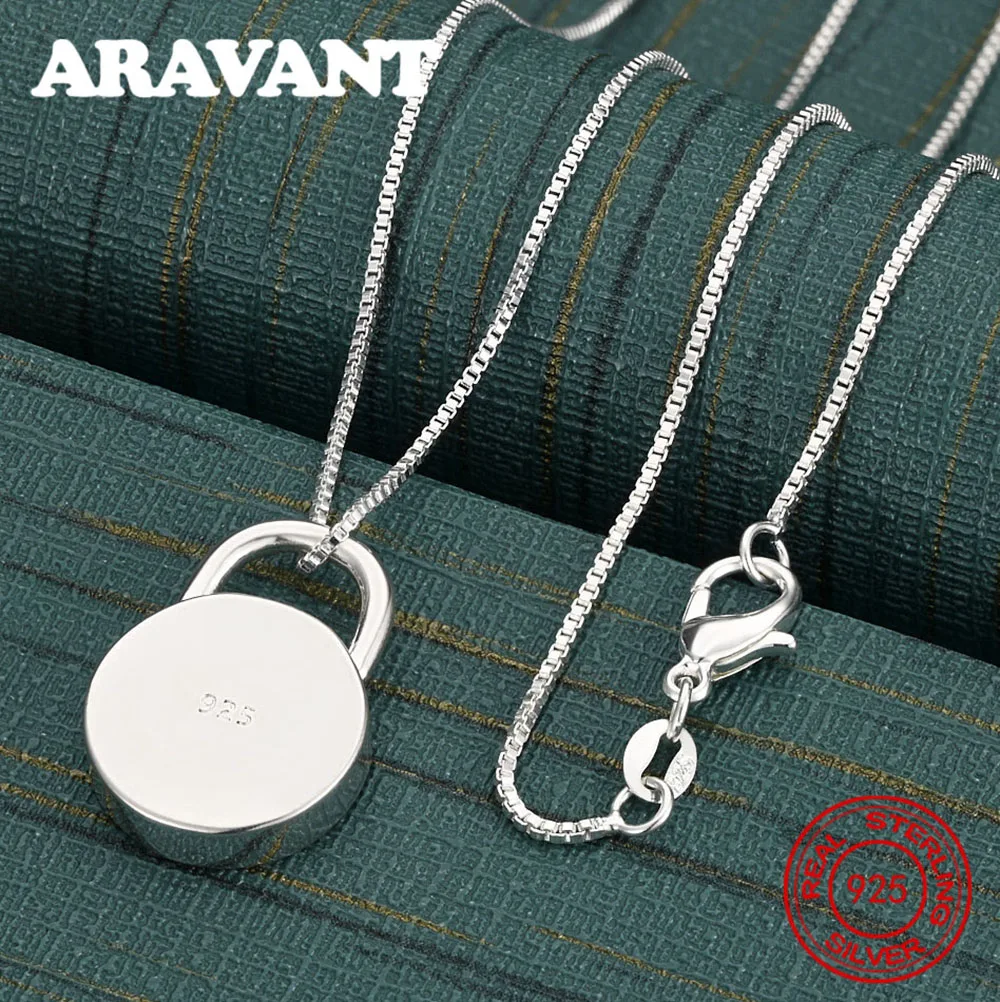 925 Sterling Silver Polished Solid Round Lock Pendant Necklace For Women, Commuter Accessory, Christmas Gift Jewelry
