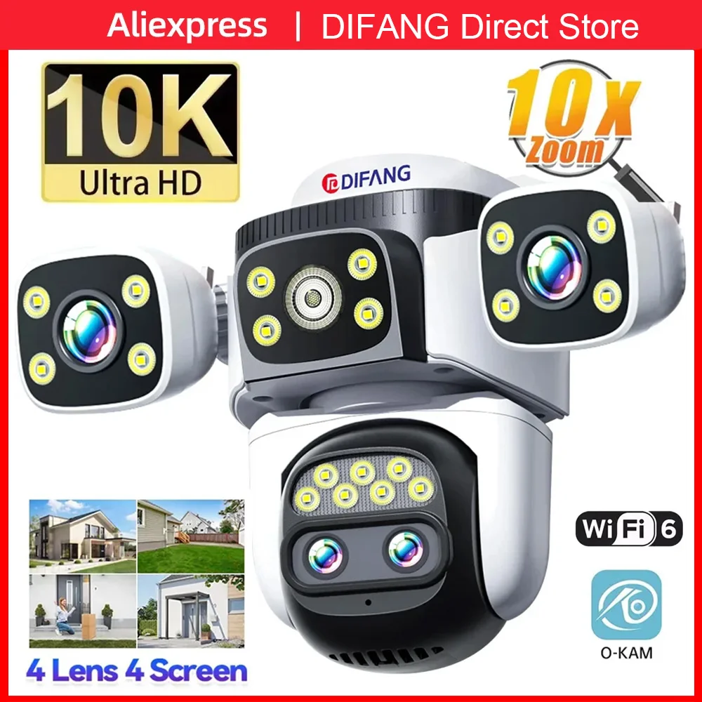 DIFANG Security Camera 10K Outdoor 10X Optical Zoom PTZ Four Lens Four Screen 20MP Waterproof Automatic Tracking Video Cam CCTV