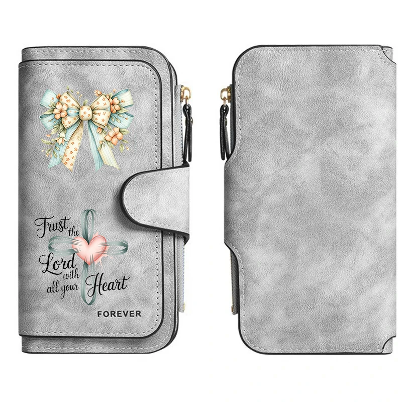 Cross Heart Faith Quote Floral Bow Lange Geldbörse mit Reißverschluss und Schnalle, Handtaschen, Münzgeldbörse, weiches PU, Multi-Kartenhalter, Tasche mit großem Fassungsvermögen – Detail 3