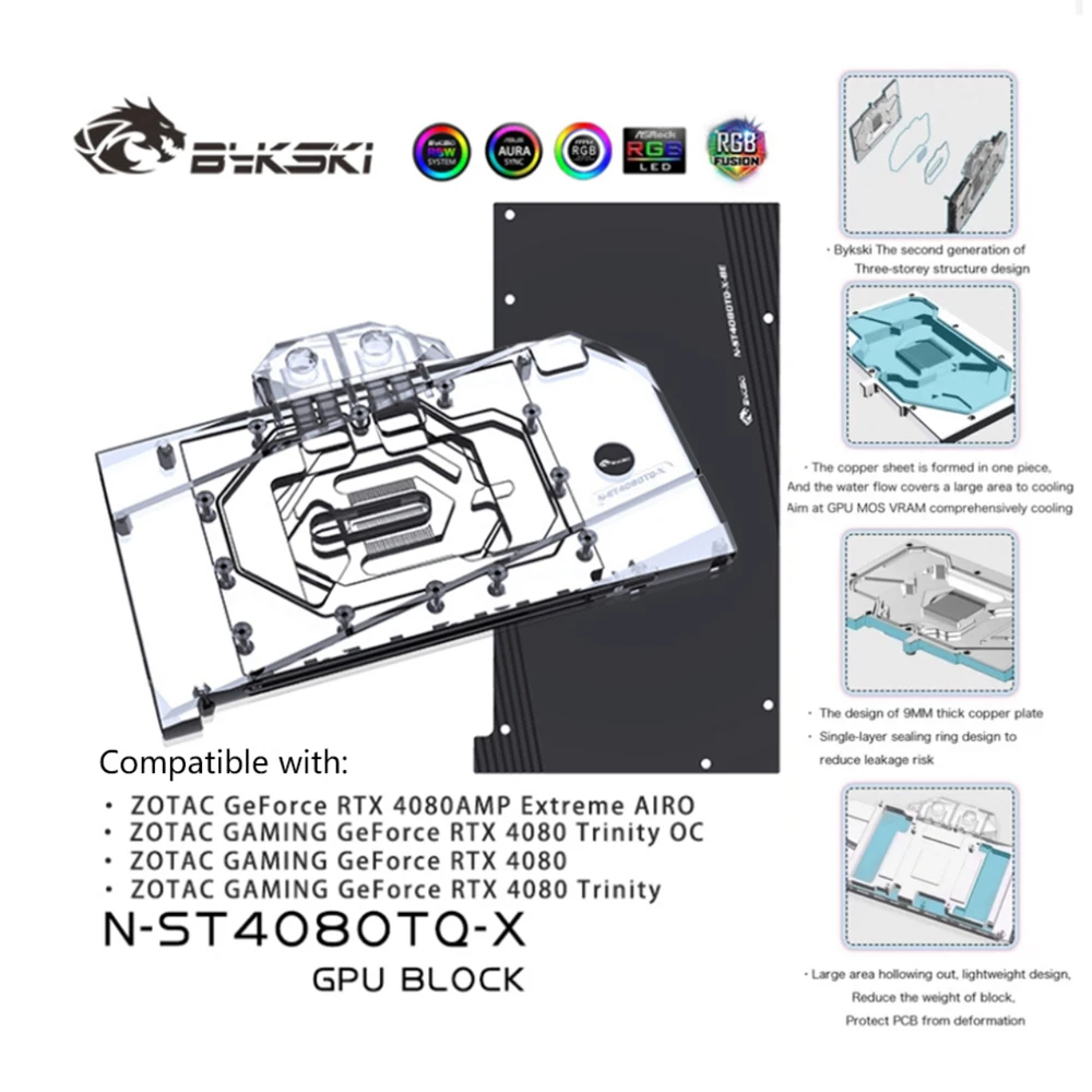 

Bykski 4080 Series GPU Water Cooling Block For ZOTAC Gaming 4080 Trinity Liquid Cooler System VGA RGB Back Plate N-ST4080TQ-X