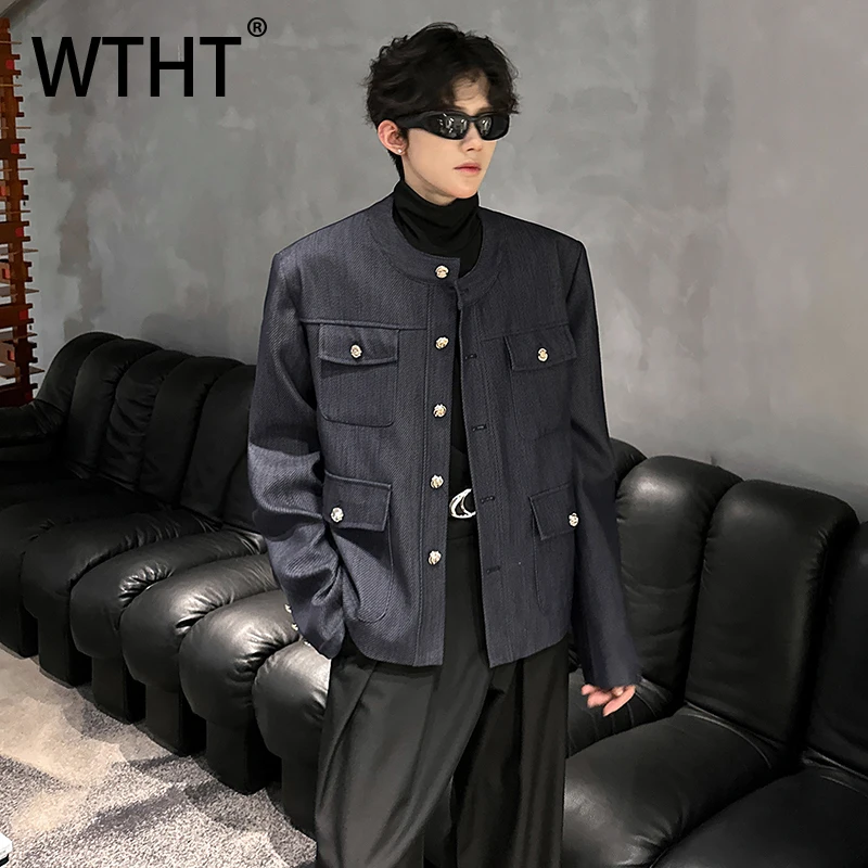 

WTHT модные мужские однотонные пальто-карго со сращенными карманами, модные осенние куртки 2023, мужские куртки с круглым воротником и длинными рукавами 2A2146