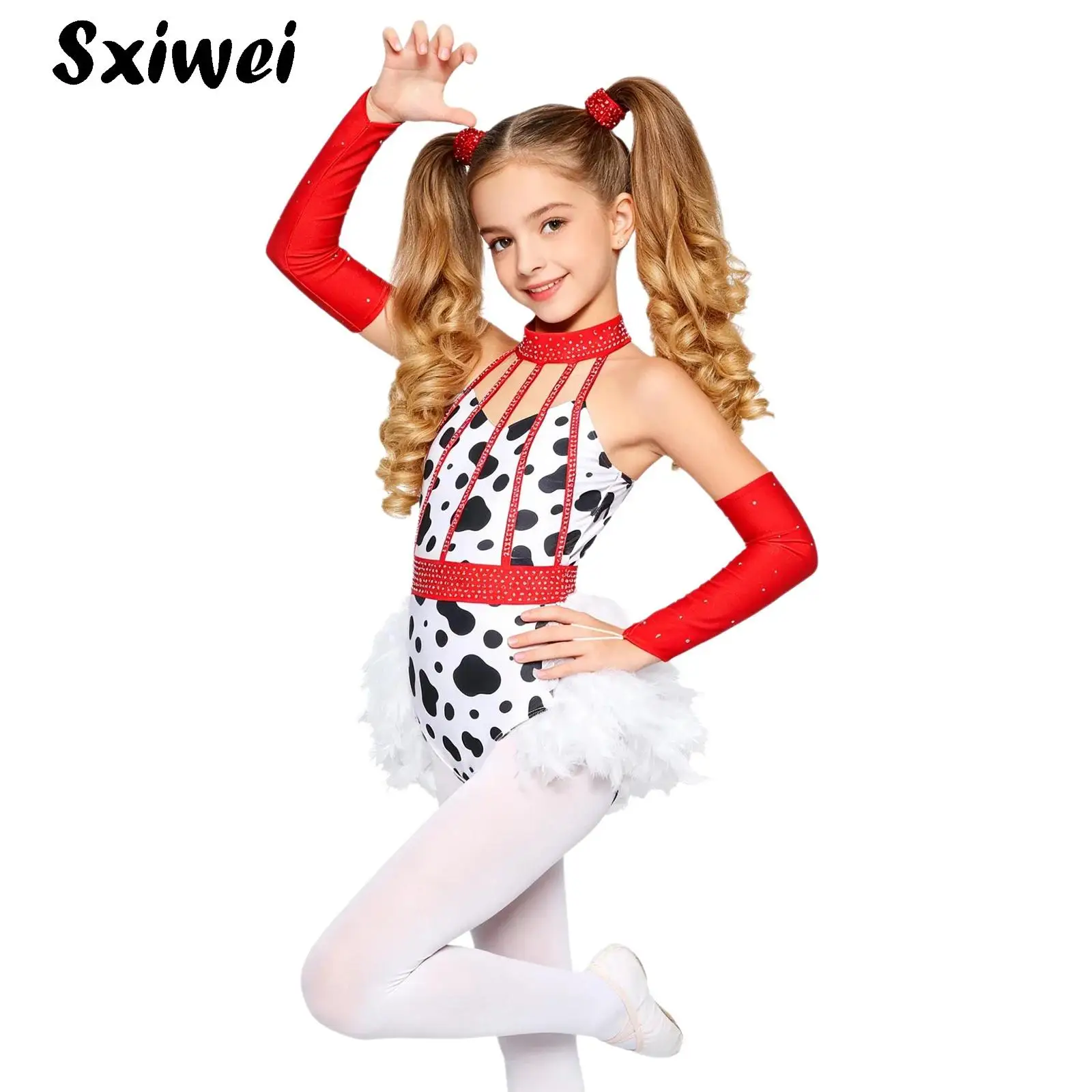 Child Dalmatian Spotted Costumes Girls Rhinestones Ballet Dance Leotards Halter Feather Skirted Jazz Dance Jumpsuit +Oversleeves