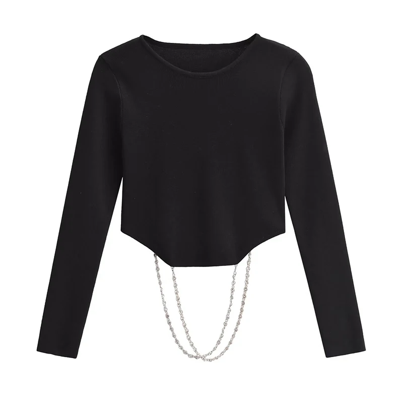 

YENKYE Sexy Women Removable Chain Appliques Knit Top Fashion Backless Asymmetrical Hem Female Black Crop Sweater