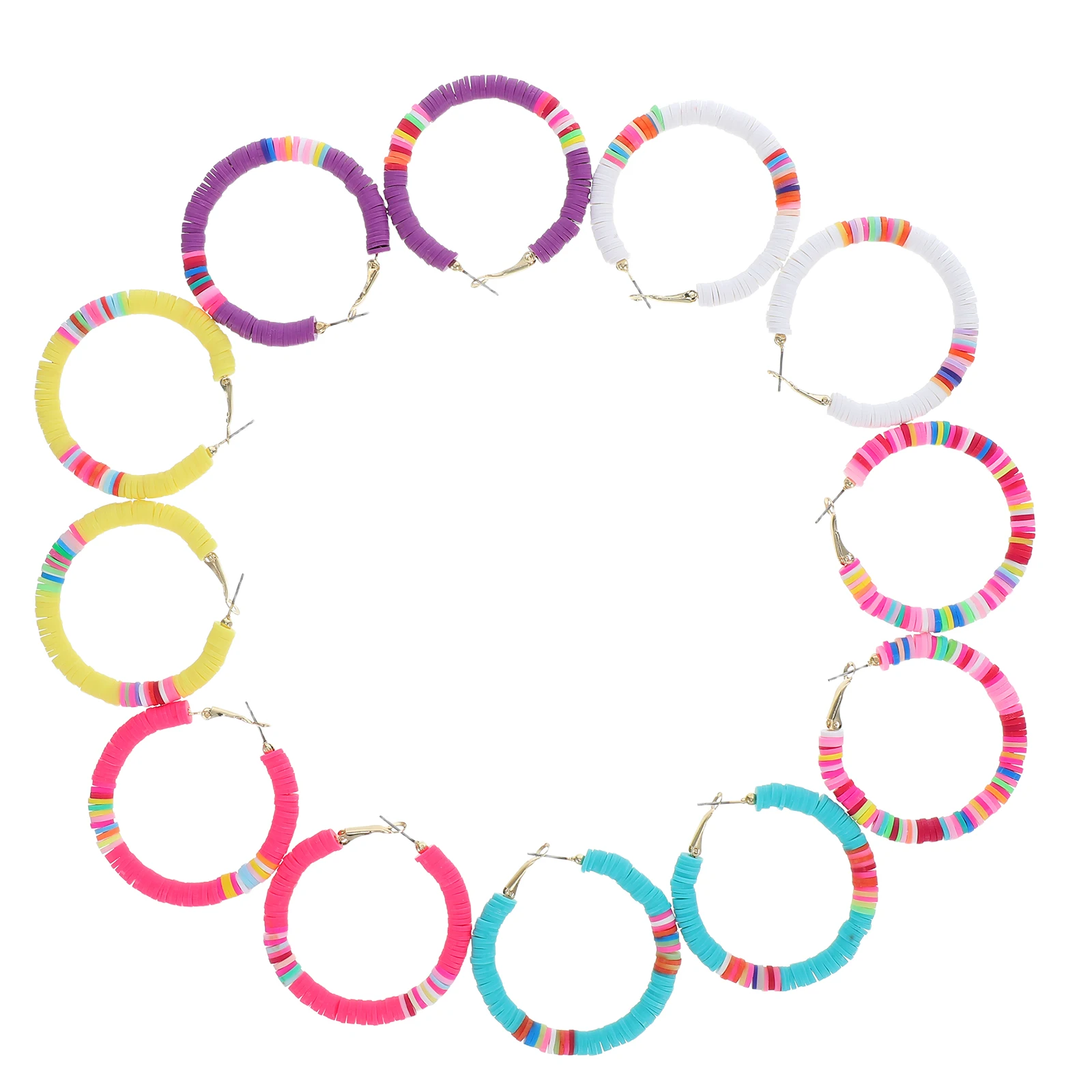 

6 Pairs Colorful Polymer Clay Earrings Lightweight Bohemian Hoop Open Circle Vinyl Disc Beads Fashion Accessories