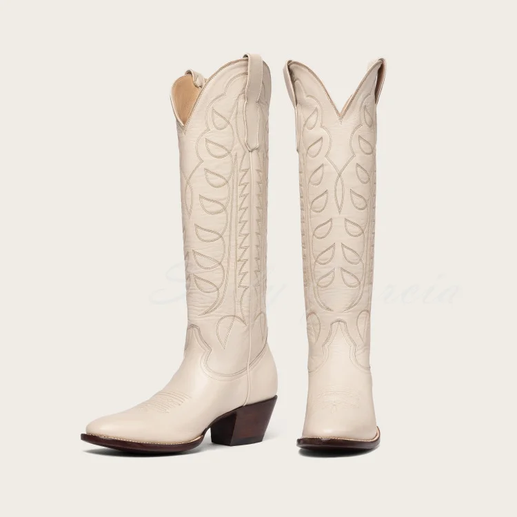 

Beige Pointed Toe Block Heel Embroidered Mid-Calf Knee High Boots Women Chunky Heel Western Cowboy Elegant Knight Boots