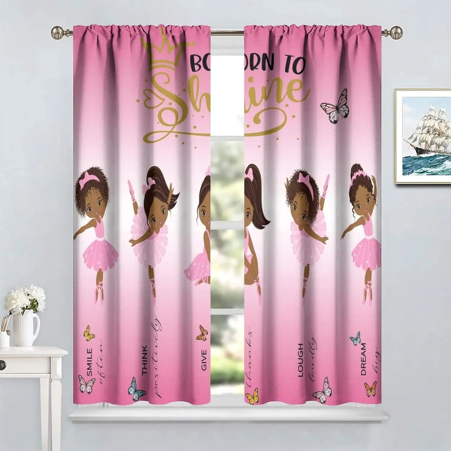 African American Kids Curtains,Afro Black Girl Window Treatments for Bedroom,Cute Girl Ballerina Dancer Pink Curtains Panel Sets
