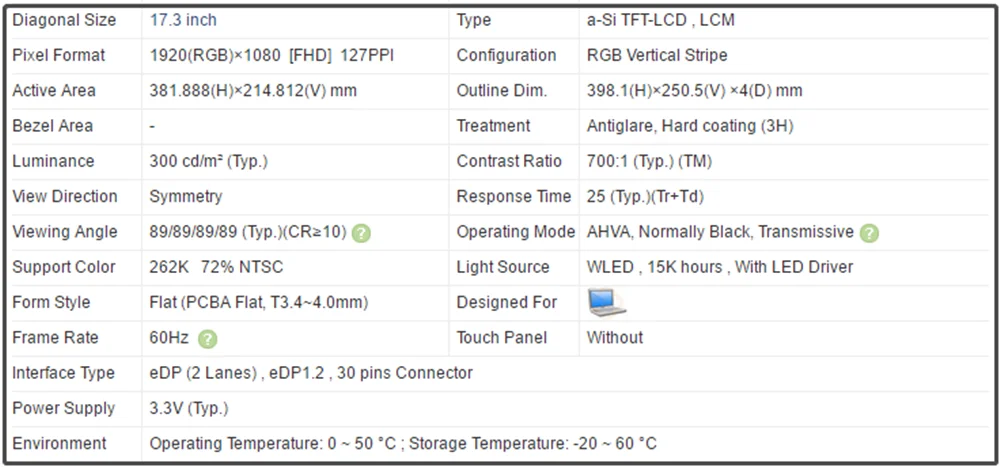 17.3 Inch LCD Screen B173HAN01.3 Laptop IPS Panel EDP 30pins FHD 1920x1080 60Hz 72% NTSC