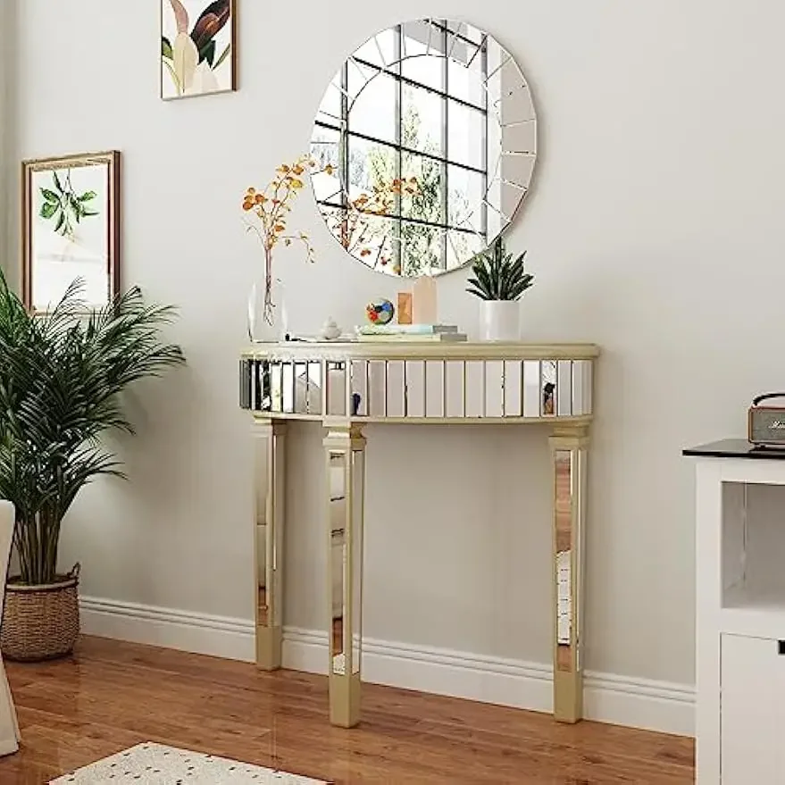 Half-Moon Mirrored Console Table: Tall Decorative Semi Circle Sofa Table 3 Leg Desk with Shelf and Beveled Glass Mirror Modern =