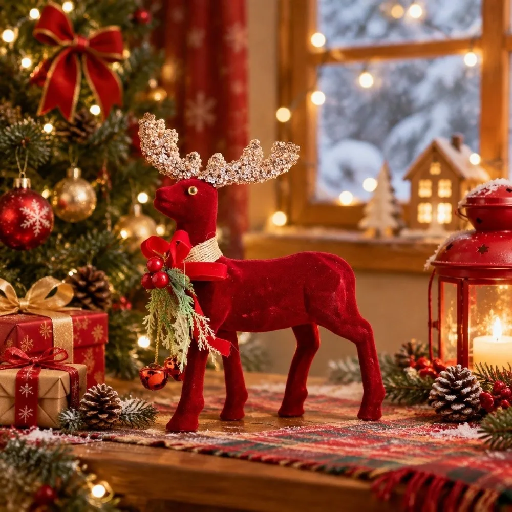 Flocking Texture Christmas Elk Figurine Exquisite Creative Styling Xmas Reindeer Statue Scarlet Shade Lightweight Build