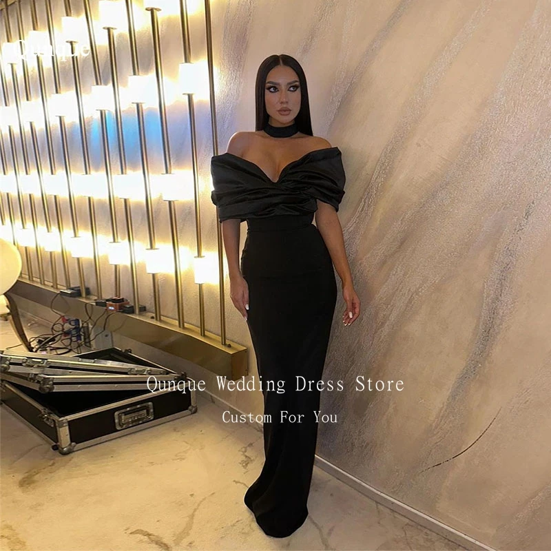 

Qunque Prom Party Gowns Satin Off Shoulder Short Sleeves Robe De Soiree Customized New Black Formal Celebrity Evening Dresses