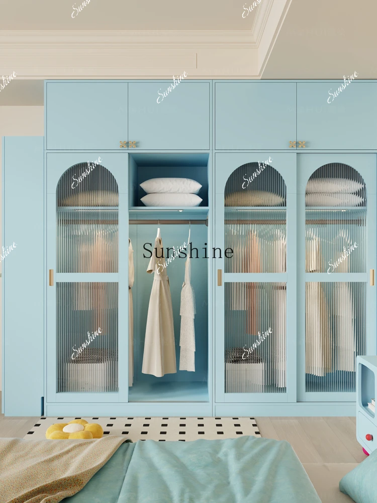 Light blue to the top wardrobe bedroom simple sliding door design wardrobe small apartment storage storage combination  FT