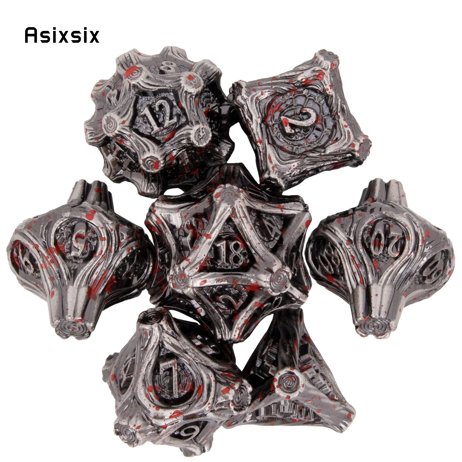 

7 шт. серебристо-красные металлические игральные кости с корнем пенья, набор твердых металлических многогранных кубиков, подходящий для ролевых игр, настольная игра RPG, карточная игра