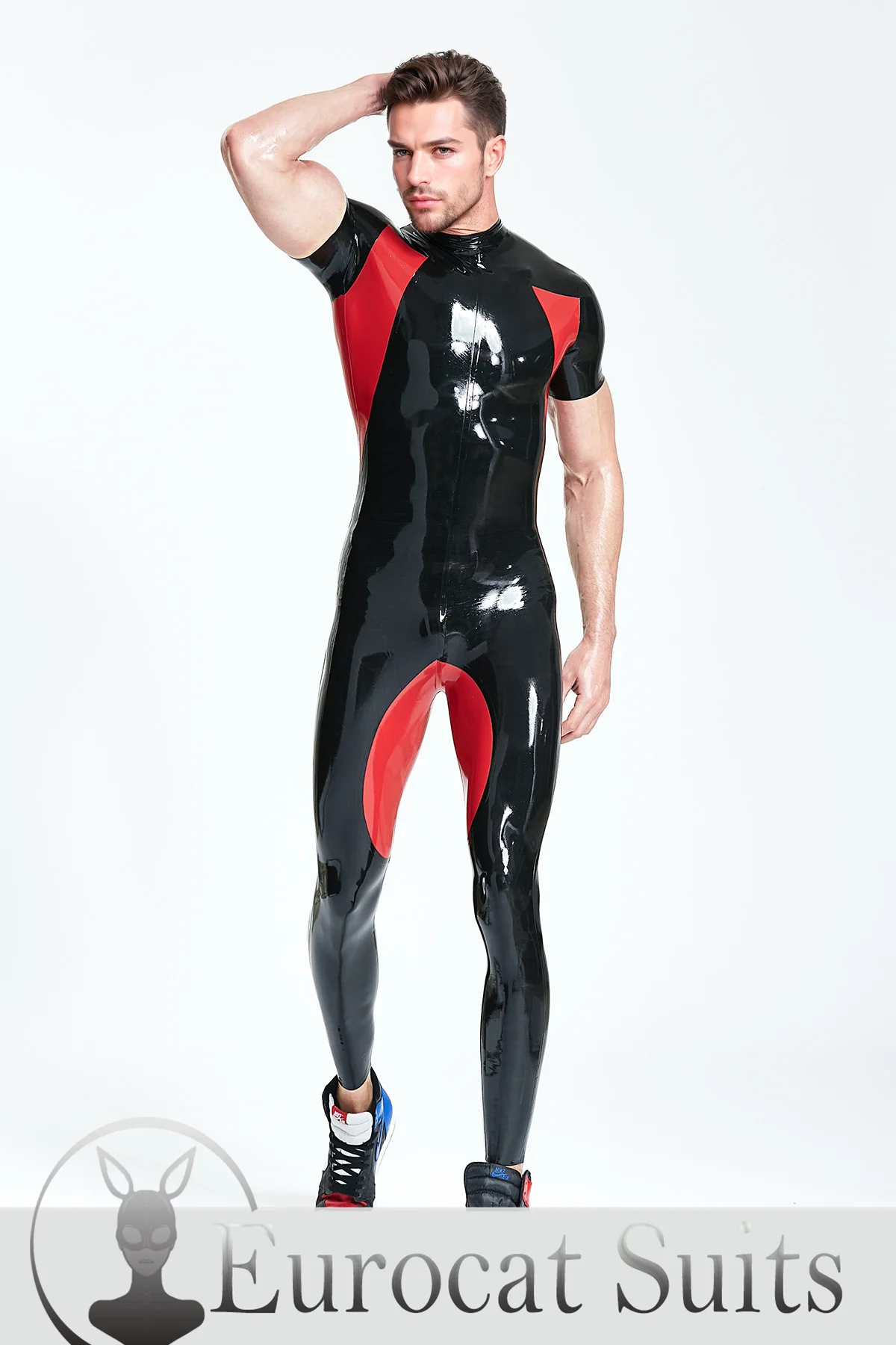 

catsuits men's black red latex full body suit short sleeve rubber with front zipper eurocat latex fetish clubwear customized