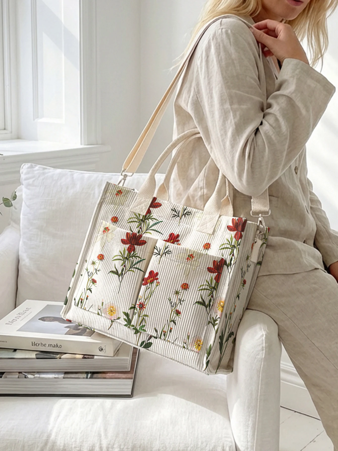 Vintage Botanical Wildflower Print Corduroy Tote Bag Large Capacity Multi Pocket Nature Lover Commuter Shoulder Bag view 2