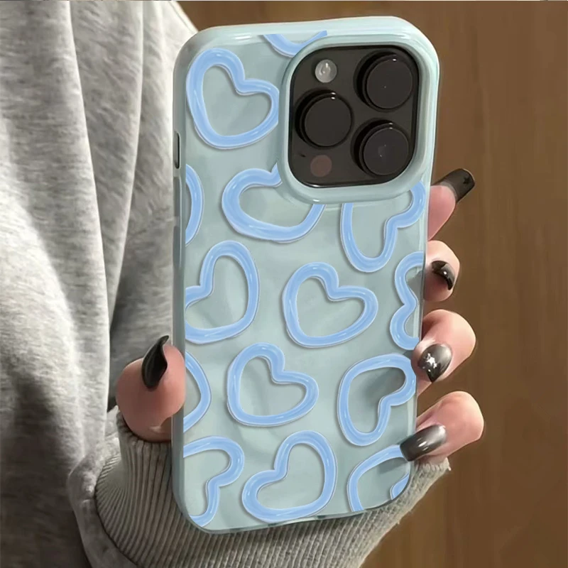귀여운 유화 하트 소프트 폰 케이스 아이폰 17 16 프로 맥스 15 14 13 12 11 프로 맥스 플러스 에어 16E 주름 텍스처 TPU 커버