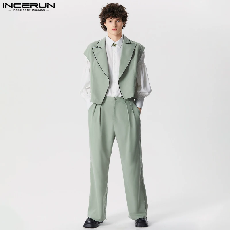 INCERUN Men Sets Solid Color Streetwear Lapel Sleeveless Vests & Straight Pants 2PCS 2024 Summer Fashion Men Casual Suits S-5XL